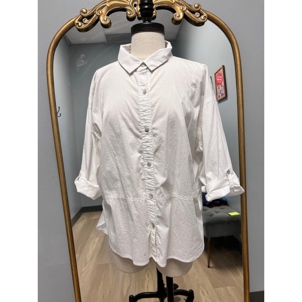 Eileen Fisher Shirt Women L White Excellent Organic Cotton Button Tab Blouse